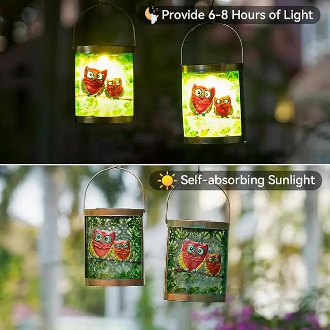 Starsoul 2 Pack Hanging Solar Lantern Outdoor Waterproof Owls Nestled on Branch Glass Decorative Solar Lights for Outside Garden Yard Table Patio Decor by GreenHaven Gardens