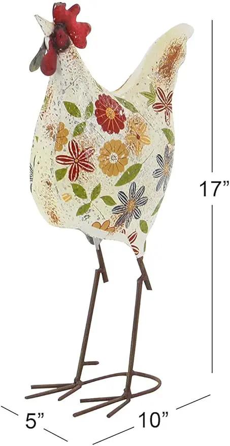 Deco 79 Metal Rooster Decorative Garden Sculpture Indoor Outdoor Distressed Standing Garden Statue with U Shaped Feet, Outdoor Sculpture 10" x 5" x 17", Cream by GreenHaven Gardens