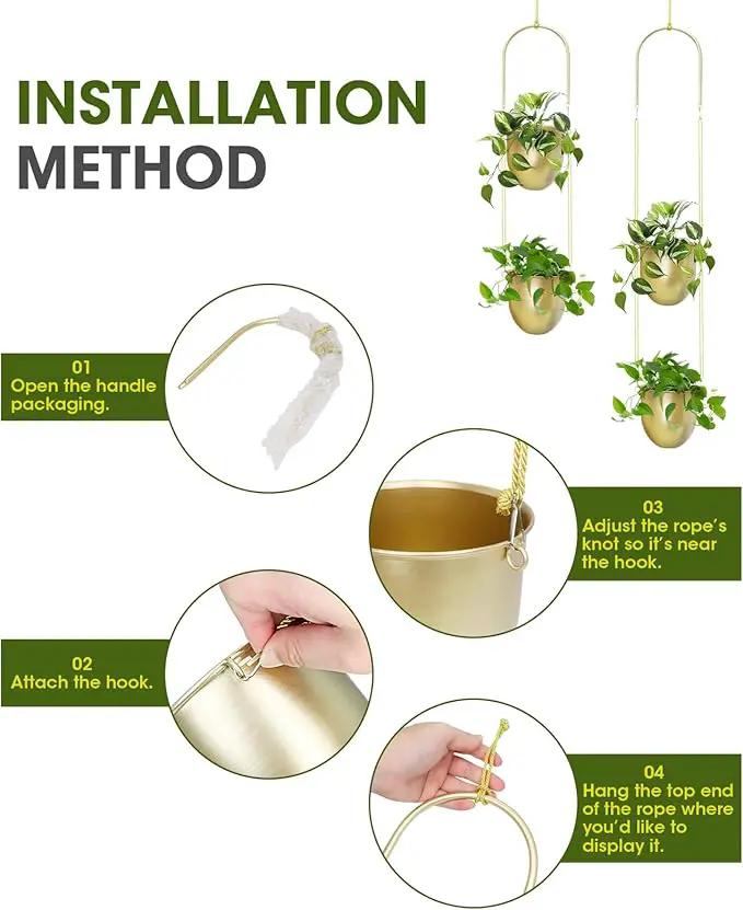 AceList Gold Hanging Planter Set of 2-5.51 Inch Hanging Planters for Indoor Plants, Home, Balcony, Garden, and Patio - Window Hanging Planters with Hemp Rope by GreenHaven Gardens