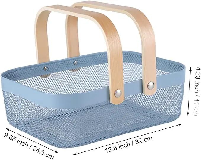 Metal Mesh Steel Basket, Storage Organizer Baskets Garden Harvest Basket Multi-functional Kitchen Fruit Baskets Bin with Wooden Handle for Bathroom Picnic Shopping Decor Cabinet Home, Blue by GreenHaven Gardens