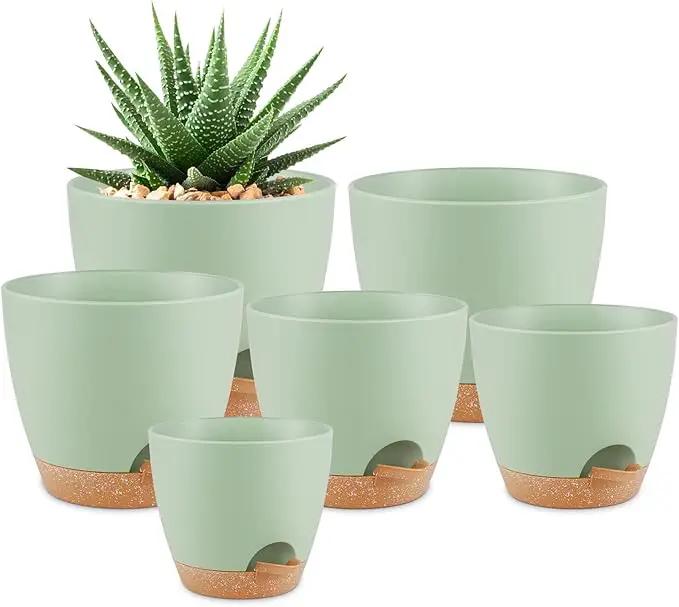 Plant Pots 8/7/6.5/6/5.5/5 Inch Self Watering Pots, Set of 6 Plastic Planters with Drainage Holes and Saucers,Plastic Flower Pots,Nursery Planting Pot for Indoor Out Door Plants（Green） by GreenHaven Gardens