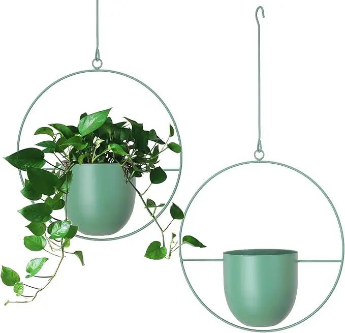 Hanging Planters 2 Pack Boho Mid Century Hanging Plants Hangers Metal Wall Ceiling Flower Pot Indoor Outdoor Vine Holder Room and Window Decor(Green) by GreenHaven Gardens