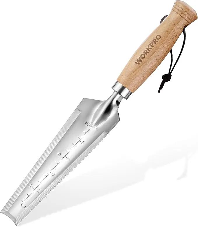 WORKPRO 12.5" Weeder Puller Tool with Wood Handle, 4-in-1 Polished Stainless Steel Garden Trowel, Hori Hori Garden Knife for Easy Weeder Removal, Planting, Weeding, Small Gardening Hand Tools by GreenHaven Gardens