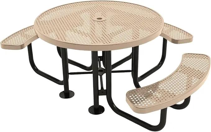 Heavy-Duty Portable Outdoor Picnic Table with Umbrella Hole, Punched Steel Patio Dining Furniture Made in America (46" Round Top, Tan) by GreenHaven Gardens