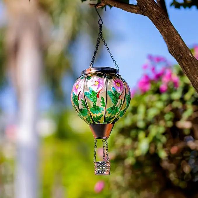 DREAMSOUL Hummingbird Hot Air Balloon Solar Lantern, Hanging Solar Lanterns Outdoor with Flickering Flame Light, Metal & Glass Solar Lanterns Outdoor Waterproof for Patio Yard Decor by GreenHaven Gardens