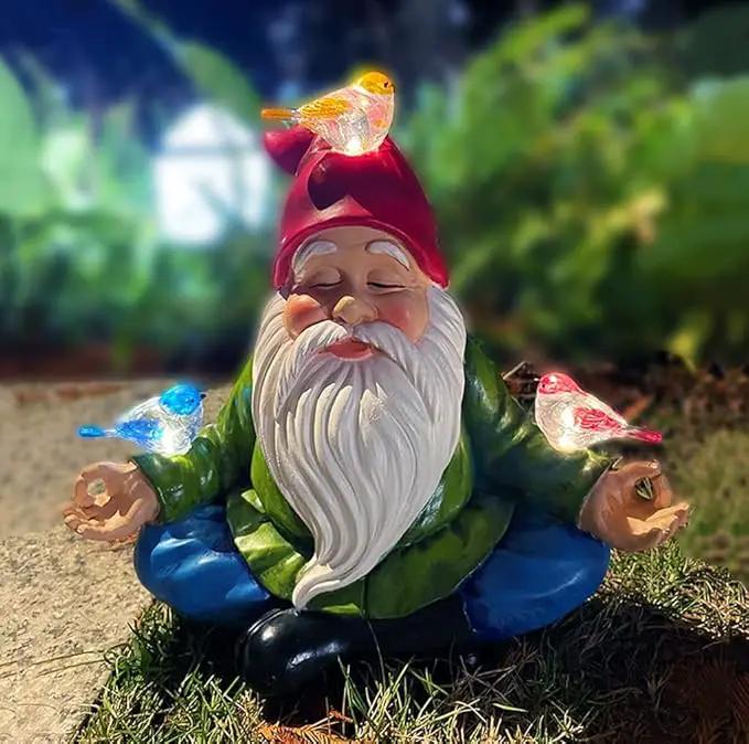 Solar Powered Gnome with Red Hat and 3 Birds Decorated Solar Light, Garden Decorations Statues, Garden Light Decor for Lawn Ornaments, Resin Garden Figurines (Gnome with 3 Birds) by GreenHaven Gardens
