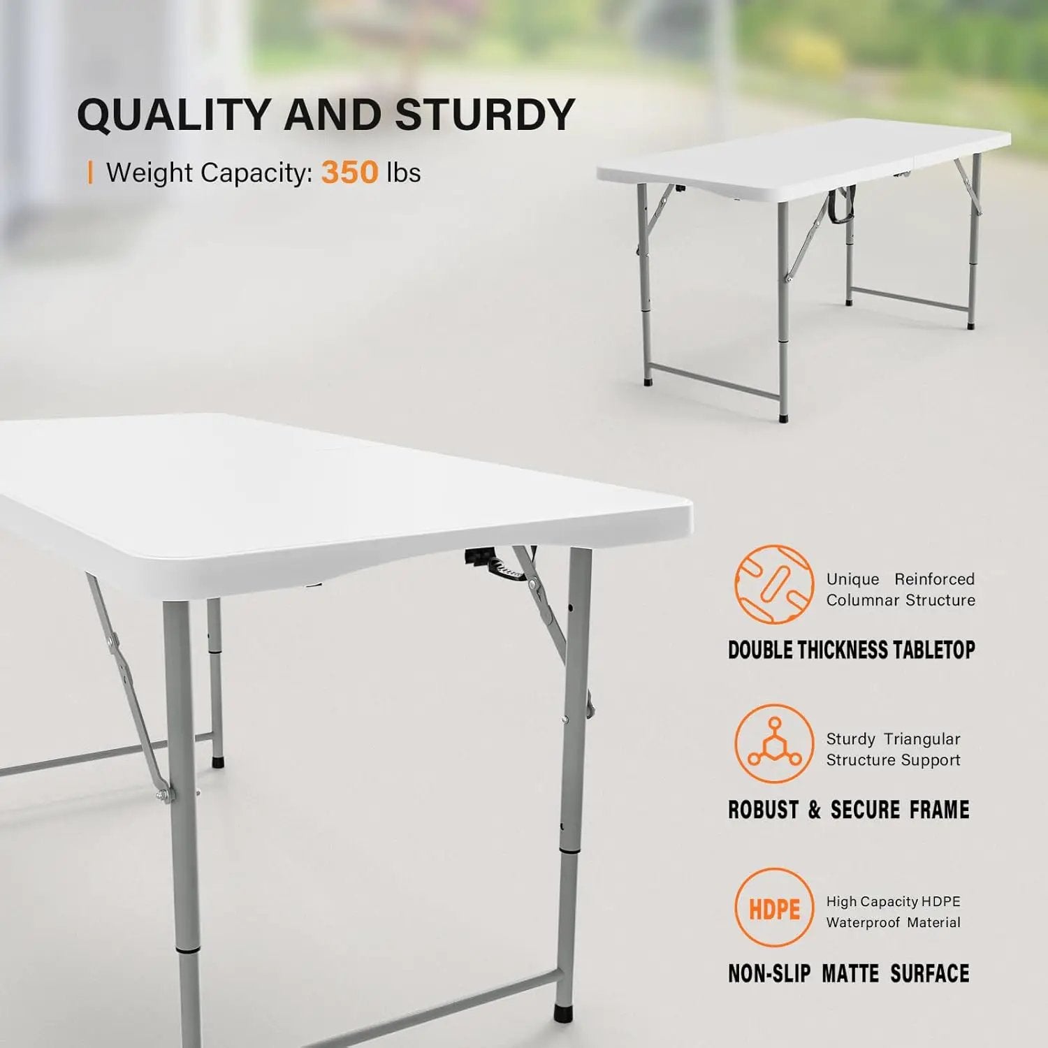 VINGLI 4 FT Plastic Folding Camping Table,3-Level Adjustable Height, Portable in/Outdoor Party Picnic Dining Desk, Garden Soccer Multipurpose Entertaining Activities，White by GreenHaven Gardens