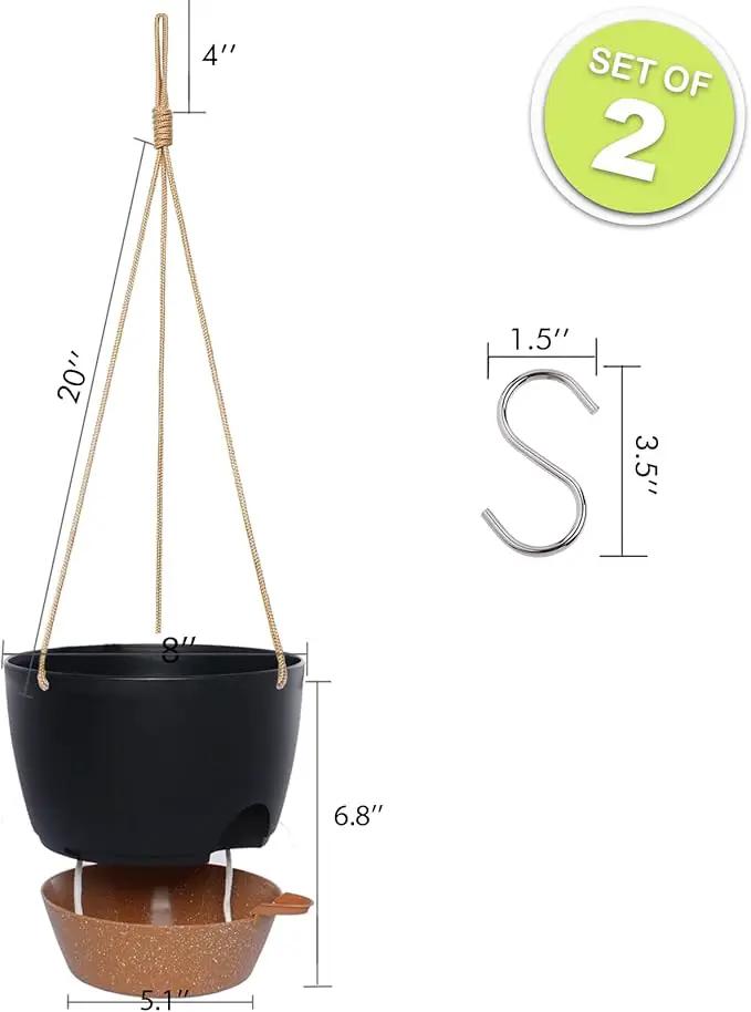 8 inch Hanging Planters, 2 Pack Self Watering Hanging Pots with 20oZ Deep Reservoir for Indoor Outdoor Plants Flowers, Black with Brown by GreenHaven Gardens