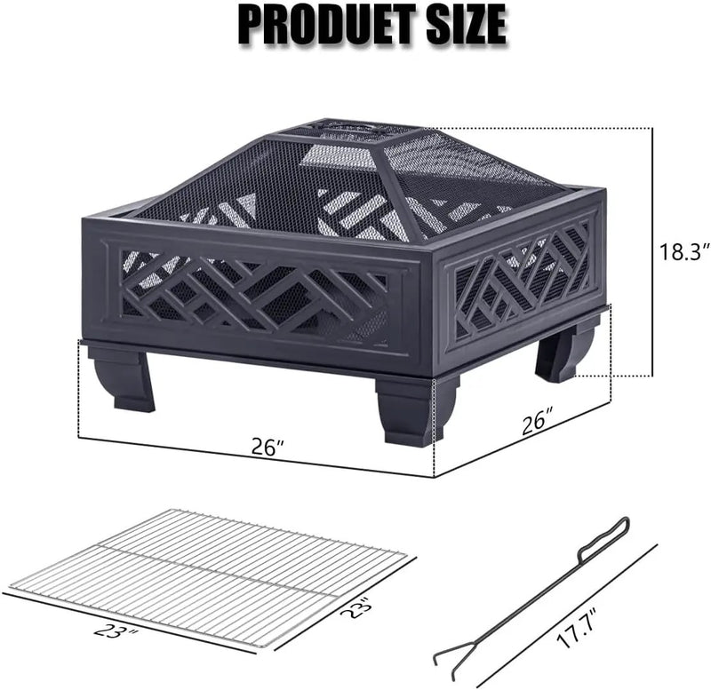 Breezz 26 Inch Wood Burning Fire Pit with Cooking Grill and Spark Screen, Outdoor Metal Firepit for Patio, Backyard, Bonfire Party, Camping and Garden by GreenHaven Gardens