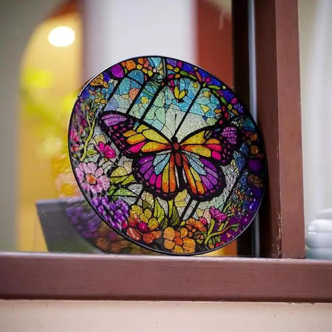 Butterfly Stained Glass Suncatcher Artistic Window Hanging,7.8” Hand-Painted Glass Panel Wall Home Decor,Gift for Women Garden Decor Suncatcher, BL009 by GreenHaven Gardens