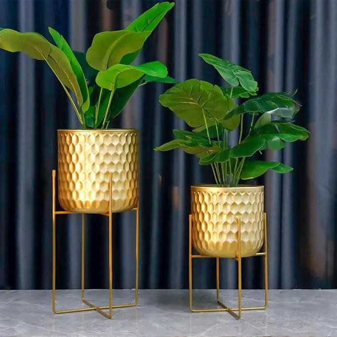 TRIROCKS Set of 2 Planters with Stand Indoor Outdoor Metal Plant Stand 8 * 18 &7 * 12 "Modern Planters Flower Pots for Living Room Corner Kitchen Office Garden Balcony Patio Decor(Gold) by GreenHaven Gardens