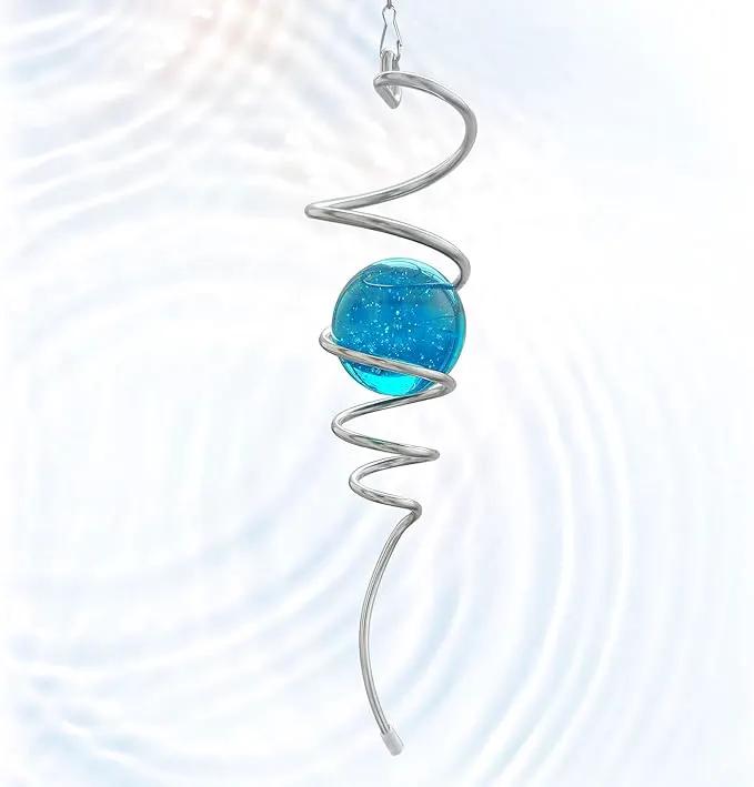 Gazing Ball Spiral Tail with Blue Glass Orb, 3D Wind Spinners Stabilizer, Wind Spinner Spiral, Hanging Rotating Art Decor - Visual Illusion in Spinning, Indoor Outdoor Garden Decoration 13in by GreenHaven Gardens