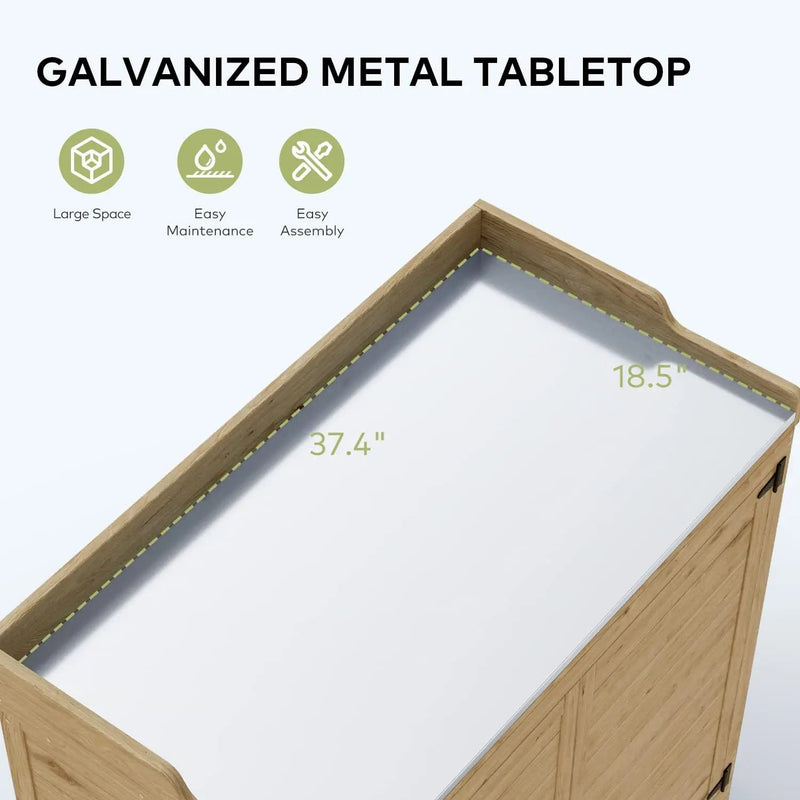 Gizoon Outdoor Potting Bench with Metal Tabletop, Outdoor Garden Patio Wooden Storage Cabinet with Adjustable Shelf, Double Doors Garden Work Bench for Backyard, Patio, Lawn - Natural by GreenHaven Gardens