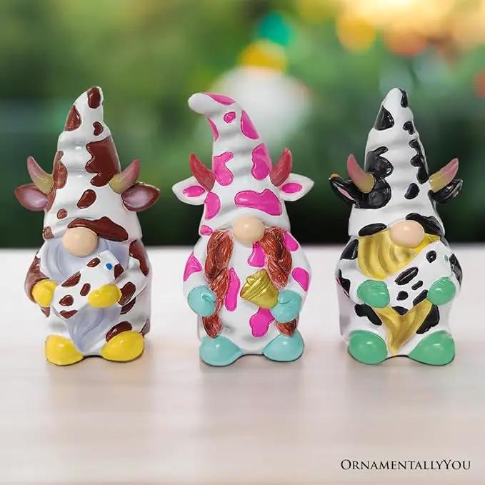 Spring & Summer-Themed Garden Statues – Adorable Outdoor Decor for Lawn, Patio & Porch (Cow Gnome Trio Mini Statue Set of Three, 5" Miniature Figurine and Unique Farm Resin Garden Statue) by GreenHaven Gardens
