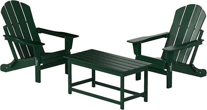 WO Home Furniture Adirondack Chairs Table Set of 3 PCS Outdoor Folding Chairs Coffee Table Weather/UV Resistant for Lawn, Garden, Bon Fire, Balcony (Dark Green) by GreenHaven Gardens