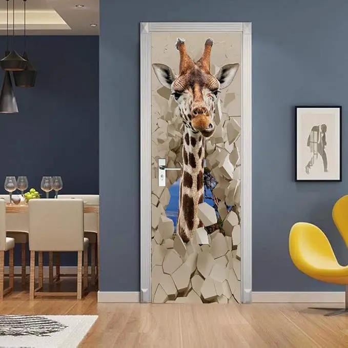 3D Peel and Stick Murals - Giraffe - Self-Adhesive Removable PVC Waterproof Door Poster for Bedroom & Living Room - 37.4 x 82.7 inch by GreenHaven Gardens