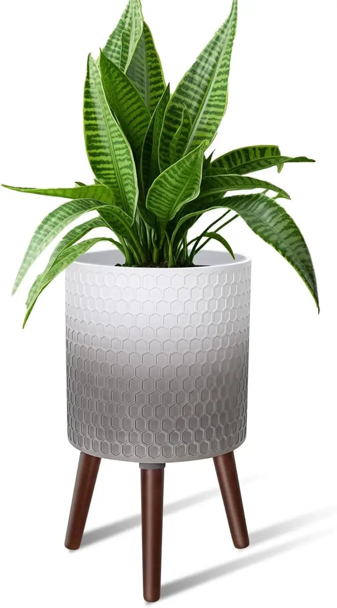 10 Inches Plant Pot with Stand, Large Modern Standing Planters with Drainage Holes for Indoor Plants, White&Gray Flower Pots with Legs by GreenHaven Gardens