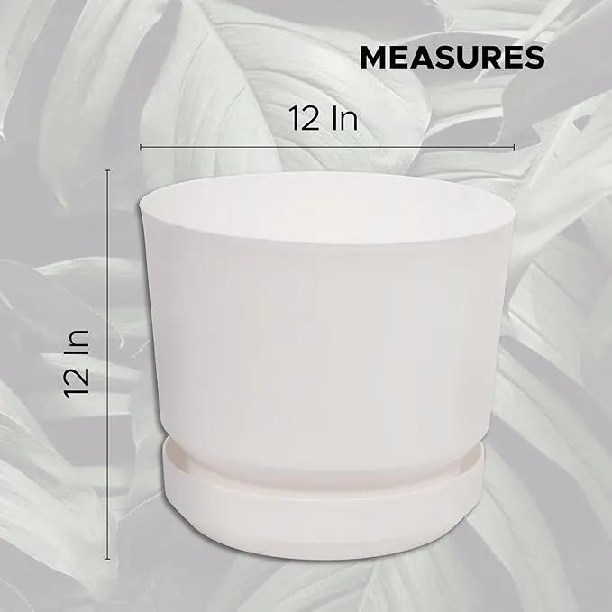 Elly Décor 12 inch Plastic Cylinder Planter Pot with Self-Watering Saucer and Drainage Hole,Lightweight & Extremely Durable, 12"x 12", White by GreenHaven Gardens