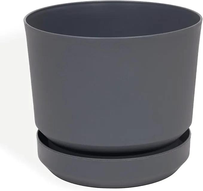 Elly Décor 12 inch Plastic Cylinder Planter Pot with Self-Watering Saucer and Drainage Hole,Lightweight & Extremely Durable, 12"x 12", Gray by GreenHaven Gardens