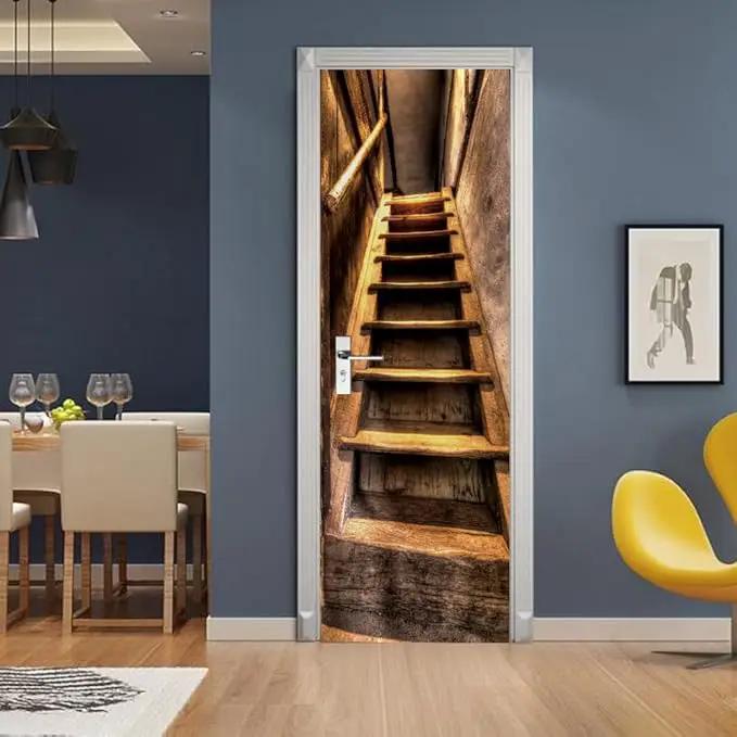 3D Peel and Stick Murals - Wooden Stairs Wallpaper - Removable PVC Waterproof Door Poster for Bedroom Living Room - 37.4 x 78.7 inch by GreenHaven Gardens