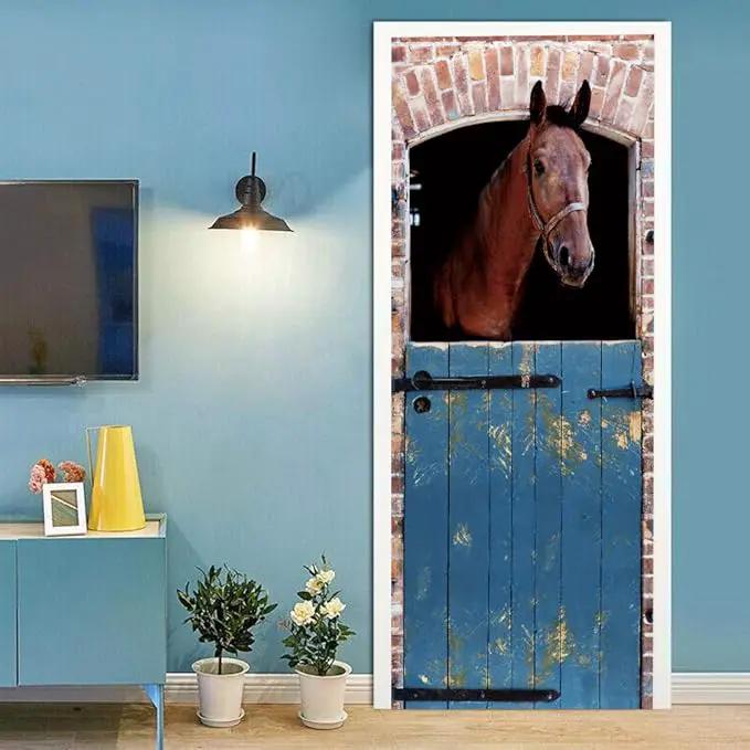Horse 3D Door Stickers Murals - Peel & Stick - Waterproof & Washable - Matt Finish - Rustic Style - Blue Horse Print - 30.3" x 78.7" (2 Parts) - Door & Wall by GreenHaven Gardens