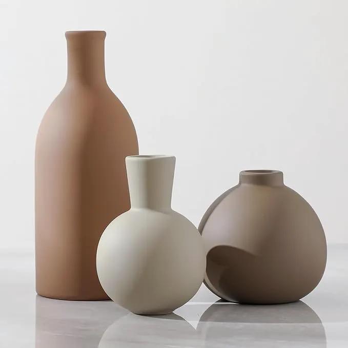 Ceramic Vase Set of 3, Vases Home Decor Rustic Farmhouse Decorative Vase Pottery Vases for Bouquet Pampas Grass Dried Fresh Flowers, Table Living Room Kitchen Bedroom Bathroom - Brown by GreenHaven Gardens