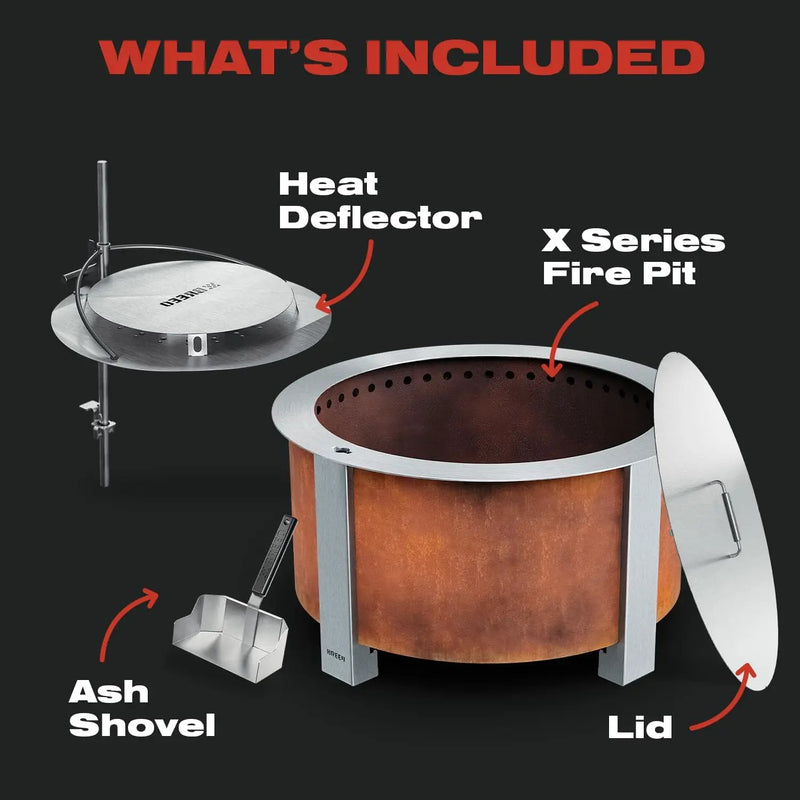 Breeo Smokeless Fire Pit Warmth Bundle (X Series 24 Corten Steel, Heat Deflector, Ash Shovel, & Lid) | 27.5 inch Smokeless Firepit for Outside | Ideal for Families by GreenHaven Gardens