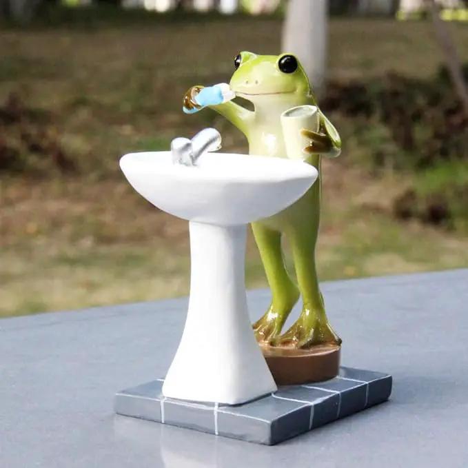 Tfro & Cile Frog Garden Statue Decor Miniature Animal Figurine Outdoor Fairy Brushing Teeth Sculpture for Bathroom - 3.3 Inch Height by GreenHaven Gardens
