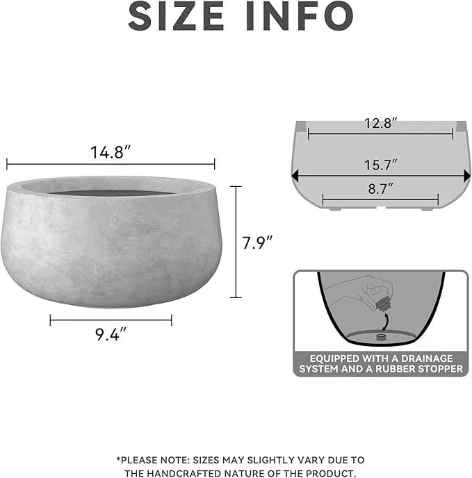 Kante 15.7" Dia Round Concrete Planter, Outdoor Indoor Garden Plant Pots with Drainage Hole and Rubber Plug, Modern Curvaceous Design, Natural Concrete by GreenHaven Gardens