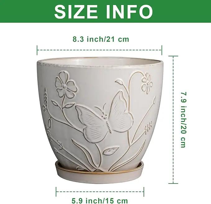 8 Inch Ceramic Pots for Plants Large Planter Pot with Drainage Hole and Saucer Round Flower Pot for Indoor Outdoor Decor, White by GreenHaven Gardens