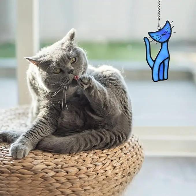 Cat Decor Stained Glass Window Hangings,Blue Cat Suncatcher for Window Cat Ornament Home Decor,Cat Themed Gifts for Women Cat Lovers Gifts,Great for Livingroom Bedroom by GreenHaven Gardens
