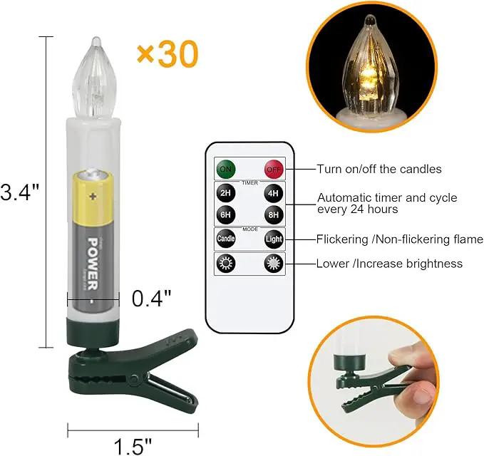 DRomance Christmas Tree Flameless Taper Candle Lights Battery Operated with 10-Key Remote and Timer, 30 Pack Plastic 3D Wick Flickering LED Taper Candles Multi-Using Home Garden Holiday Decor 3.4" by GreenHaven Gardens