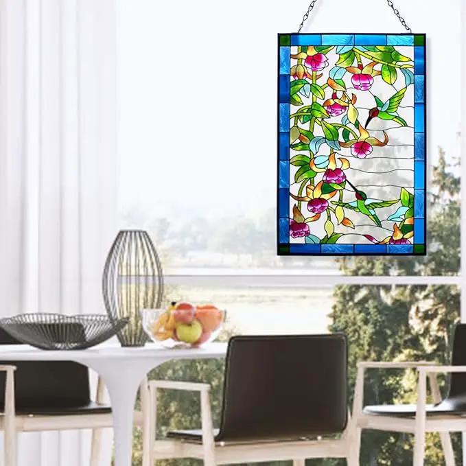 VEWOGARDEN Hummingbird Stained Glass Window Hangings, Bird Suncatcher Panel with Metal Chain for Windows Decor Indoor Outdoor (W10xH15 inch) by GreenHaven Gardens