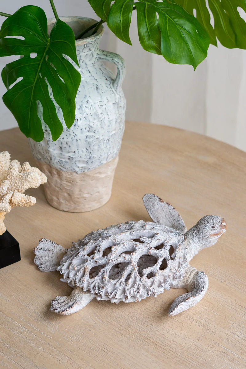 13.2x12.2x3.9' Decorative Polyresin Turtle Statue with White Coral Reef Design by HouseOfZazla