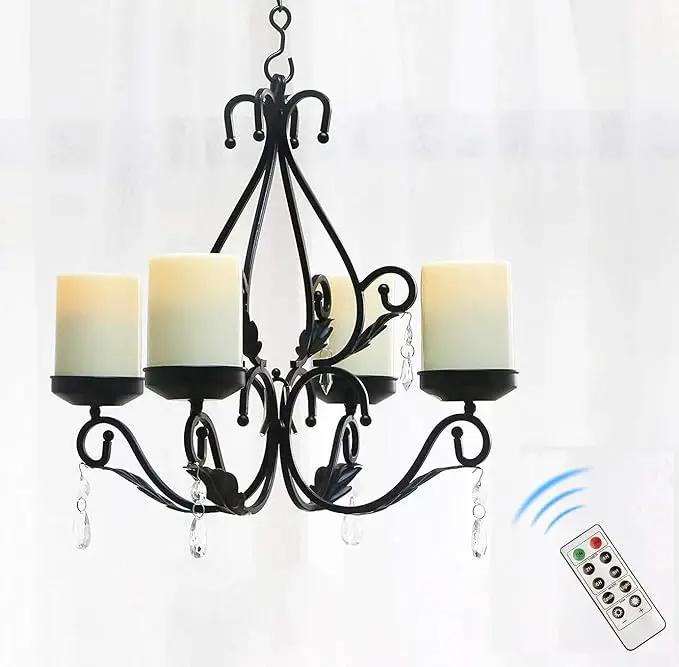 3 in 1 Lighting Chandelier with 4pcs Battery Operated Led Candle with Remote, Table Centerpiece for Indoor or Outdoor Gazebo, Patio Decoration, Black by GreenHaven Gardens