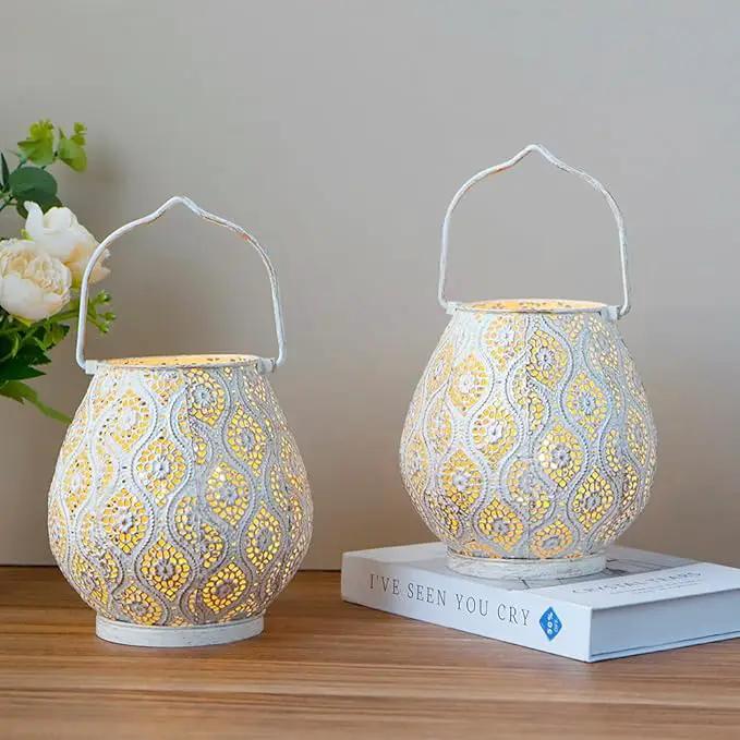 TRIROCKS Set of 2 Moroccan Decorative Lamps 8'' High Battery Powered Cordless Lamp Metal Table Lamps with Fairy Lights Bulb for Home Living Room Garden Yard Party Events Tabletop Indoor Outdoor(White) by GreenHaven Gardens