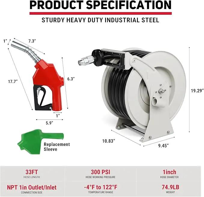 Fuel Hose Reel 1" x 33', 300 PSI Heavy-duty Steel Construction with Refueling Nozzle, Diesel Fuel Reel Used for Aircraft Ship Vehicle Tanker Truck by GreenHaven Gardens