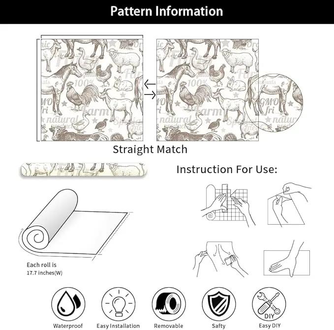 Boho Rustic Farm Animals Cow Rooster Horse Turkey Peel and Stick Wallpaper Self Adhesive Removable Easy Peel Off Stick on Wall Paper for Bedroom Cabinet Renter