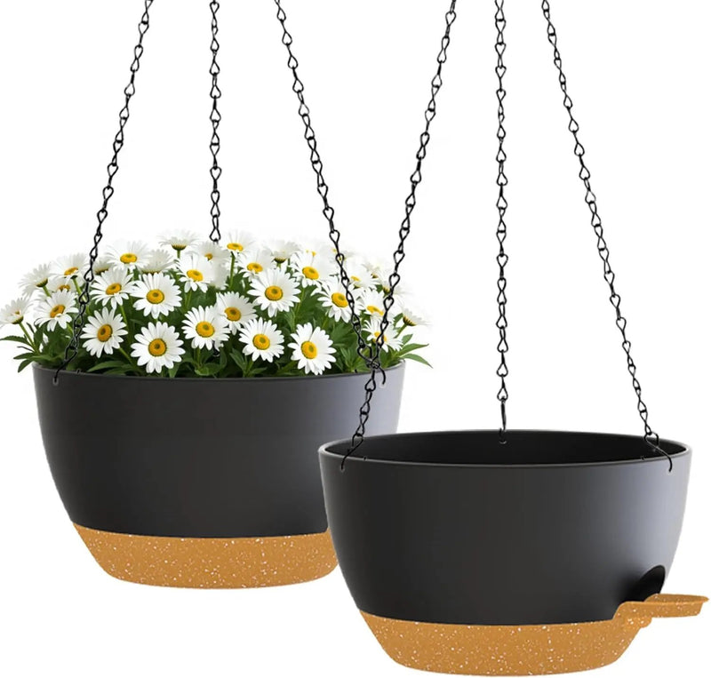 10 Inch Hanging Planters with Chains 2 Pack Self Watering Black Brown Plastic Hanging Pots for Indoor Outdoor Plants, Garden Porch Home Decor (Black Brown) by GreenHaven Gardens
