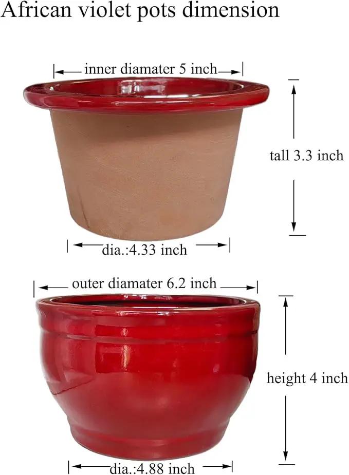 African Violet Pots Self Watering Round Ceramic Violet Pot (red, 6 inch) by GreenHaven Gardens