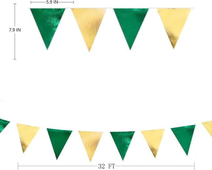 Green Gold Party Decorations Metallic Fabric Triangle Pennant Banner Flag Bunting Garland for Graduations Birthday Retirement Wedding Baby Shower Spring Summer Master Golf Theme Outdoor Party Supplies by GreenHaven Gardens