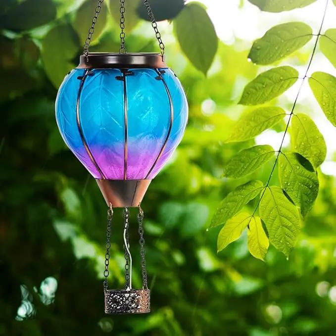 Starsoul 2 PC Blue Hot Air Balloon Solar Lantern with Flame Glass Hanging Outdoor Hot Air Balloon Solar Light Waterproof Garden Patio Yard Party Decorations by GreenHaven Gardens