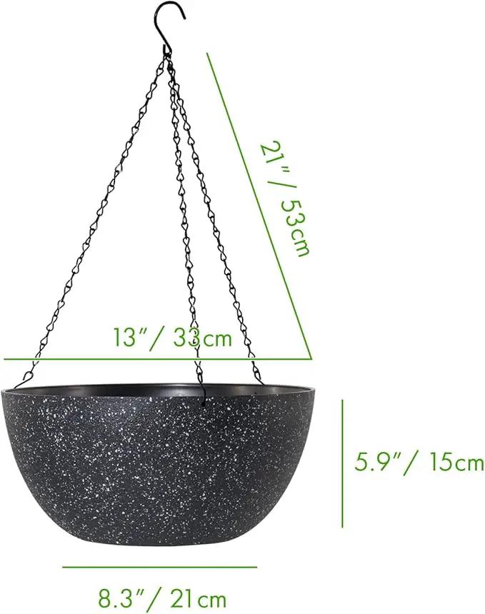 WOUSIWER 13 inch 2Pack Large Hanging Planters for Outdoor Indoor Plants with Drainage Holes and Chain, Round Hanging Flower Pots for Garden Home Porch Decor, Black Speckles by GreenHaven Gardens