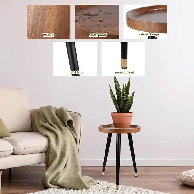 Plant Stand Indoor,Mid Century Walnut Wood Plant Table, Heavy Duty Metal Tall Flower Pot Stand,Modern Round Small Side End Table with Raised Design(12"x17") by GreenHaven Gardens