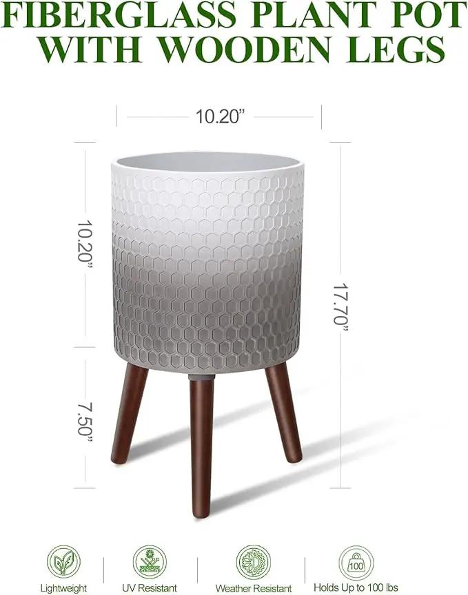 10 Inches Plant Pot with Stand, Large Modern Standing Planters with Drainage Holes for Indoor Plants, White&Gray Flower Pots with Legs by GreenHaven Gardens