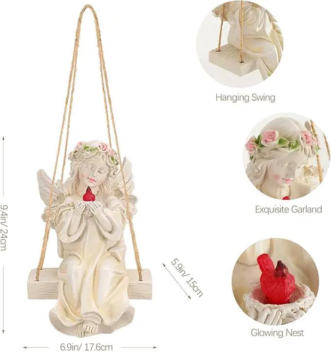 Angel Garden Statue,Fairy Solar Garden Decor with Warm Light,Waterproof Angel Statue with Swing & Holding Bird,Outdoor Garden Decor for Lawn Yard Patio Windowsill Garden Gifts, Apricot by GreenHaven Gardens