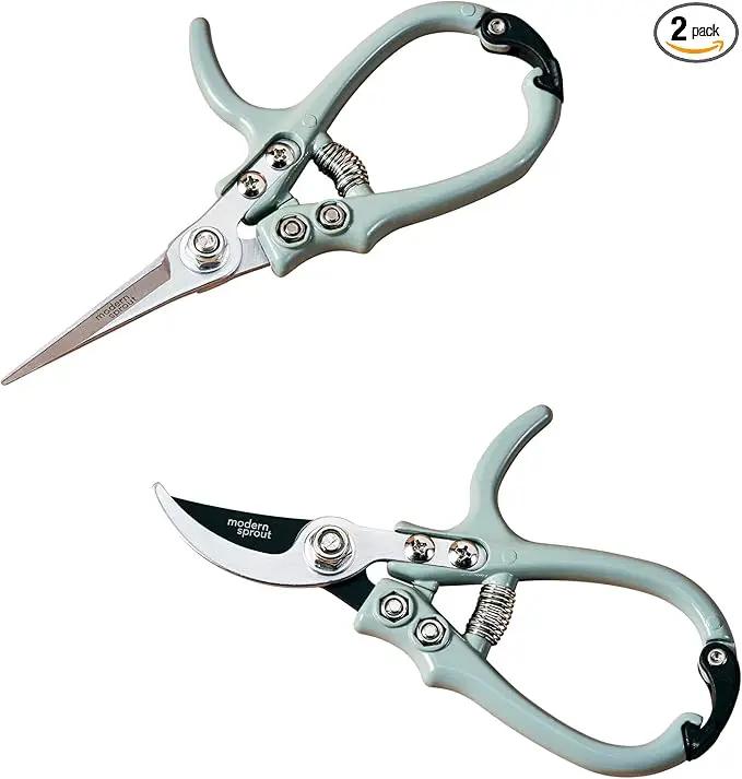 Modern Sprout Hand Pruners & Shears Set - Lightweight Gardening Tools W/Easy Lock - Sharp Carbon Steel Blades -Rust Resistant Scissors for Herbs, Flowers - Reusable Holster - Sage by GreenHaven Gardens