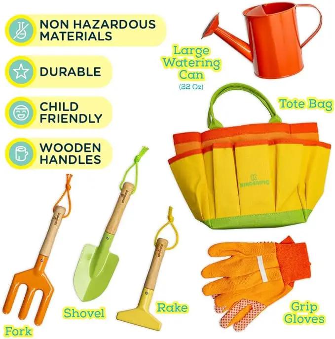 Gardening Set, Tool Kit, for Kids, STEM, Includes Tote Bag, Spade, Watering Can, Rake, Fork, Trowel and Gloves (Sunshine) by GreenHaven Gardens