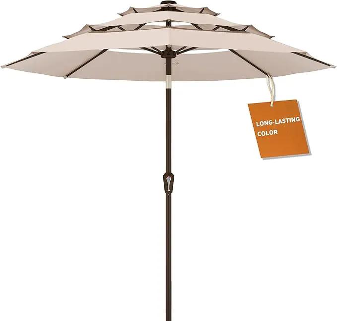 Kingdura 9ft 3-Tier Patio Umbrella, Outdoor Table Umbrella with Easy Crank & Tilt, 8 Reinforced Ribs, UV Protection for Deck, Pool, Market, Backyard (Beige) by GreenHaven Gardens