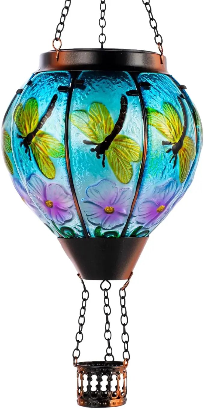 Dragonfly Solar Hot Air Balloon Lantern with Flame, Glass Hot Air Balloon Solar Lantern Outdoor Waterproof, Decorative Hanging Hot Air Balloon Solar Light for Outside Garden Patio Yard by GreenHaven Gardens